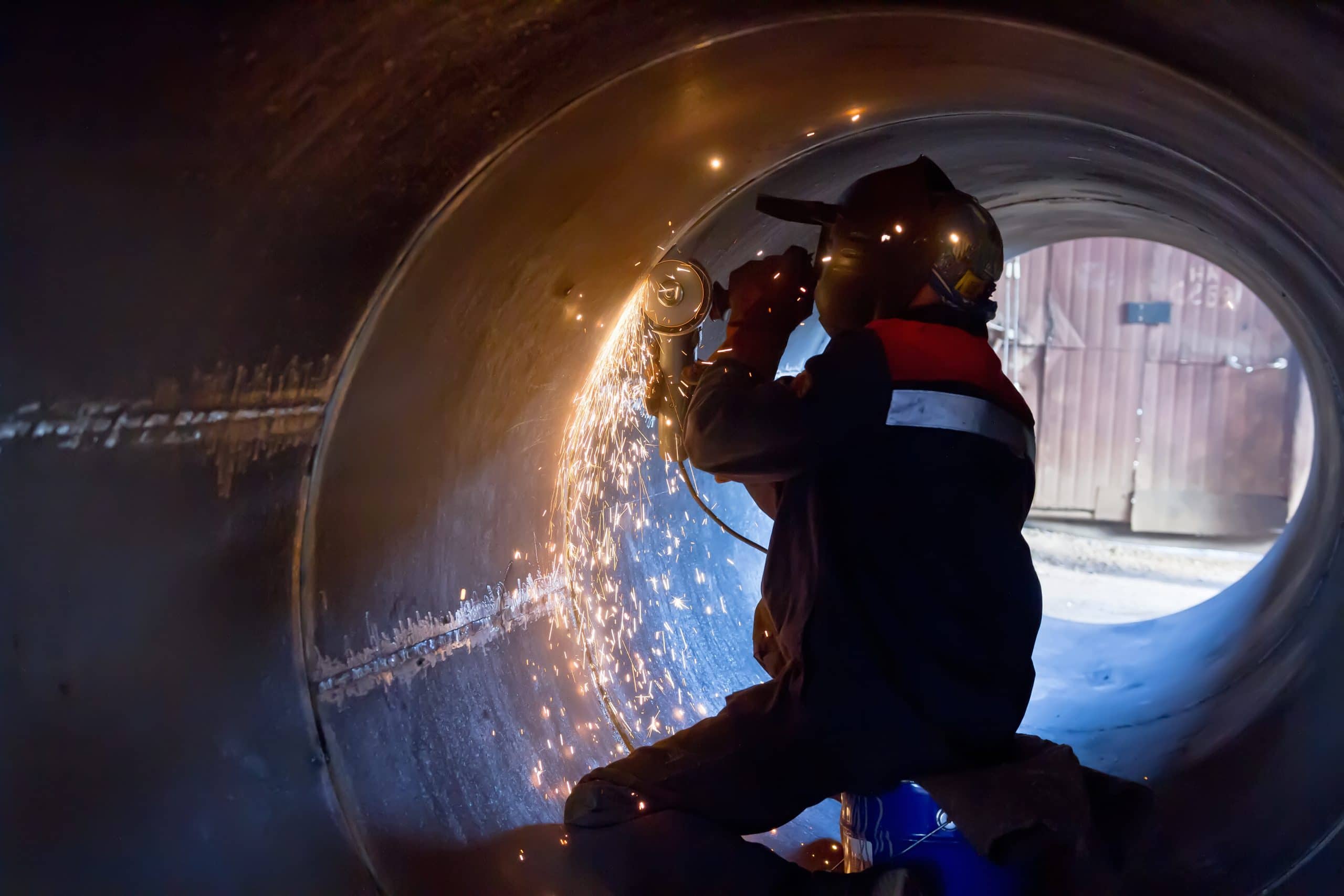 Welder Carries Out Mechanical Cleaning Of Root Surfaces Of Weld Seam