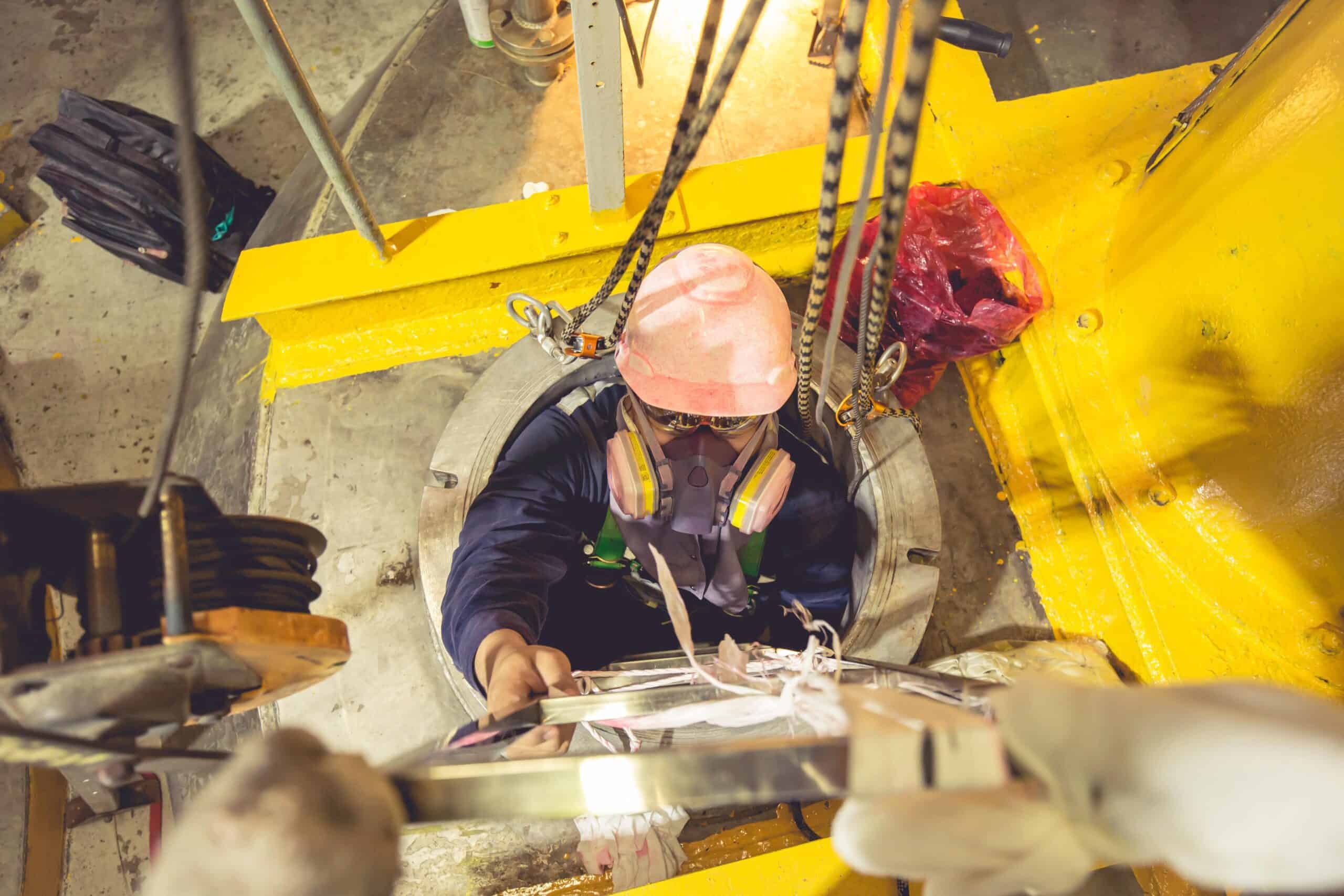 Worker wearing gas mask, harness and helmet climbing a ladder out of a confined space during confined spaces training