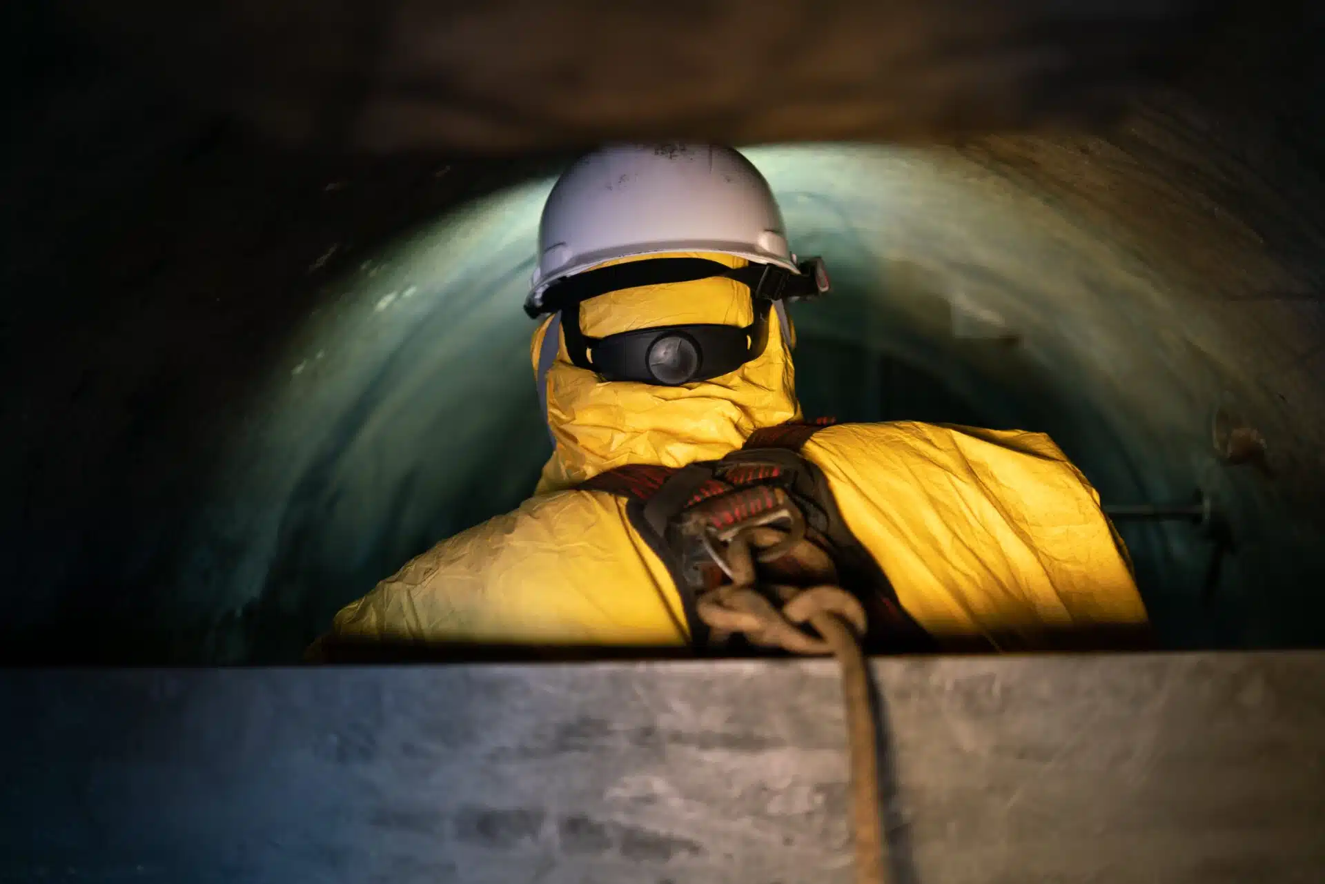 Worker wearing a yellow chemical suit and safety harness entering a dark circular portal, illustrating advanced PPE requirements for confined space training.
