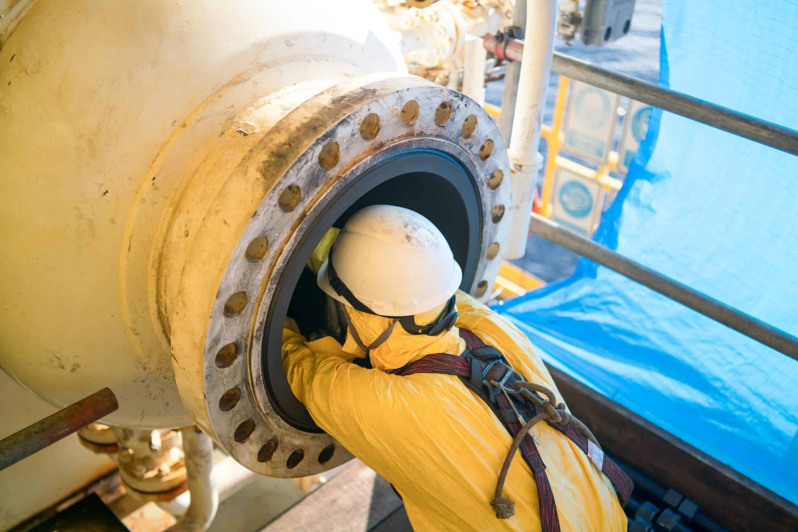 Worker wearing full safety gear reaching into a manhole during confined spaces training