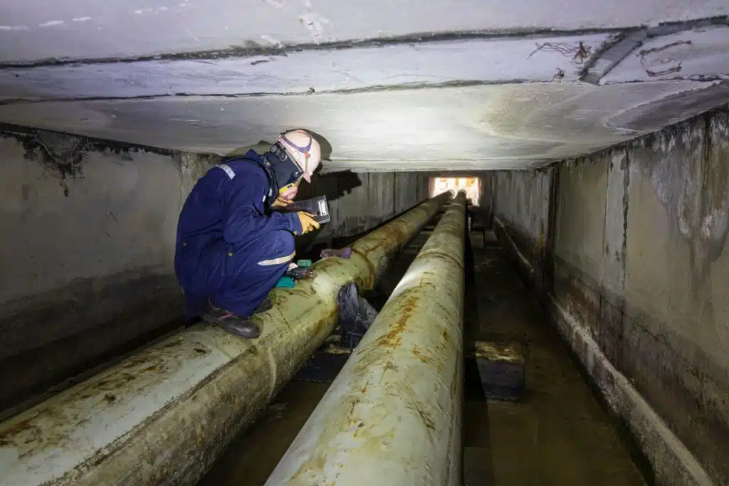 A technician in a respirator and hard hat inspecting industrial piping within a narrow underground tunnel, showcasing confined space entry skills.